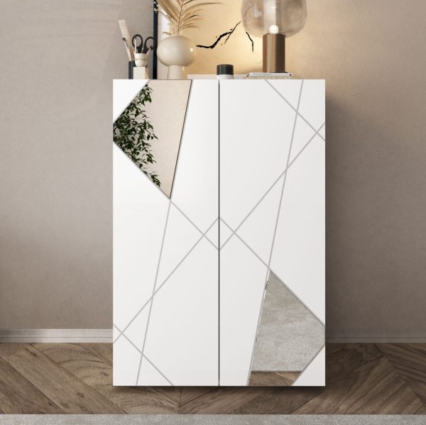 Giulia 2 Door Large White Gloss Shoe Cabinet with Mirrors