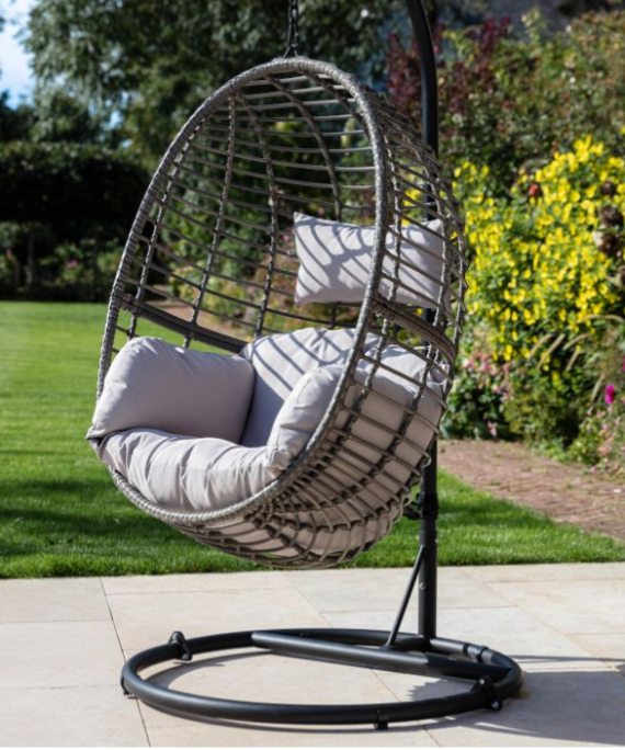 Outdoor Hanging Egg Chair in Natural Rattan with Black Steel Frame & Cushions
