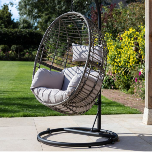 Outdoor Hanging Egg Chair in Natural Rattan with Black Steel Frame & Cushions