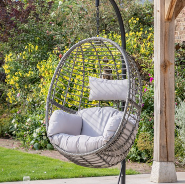 Outdoor Hanging Egg Chair in Natural Rattan with Black Steel Frame & Cushions - Image 2