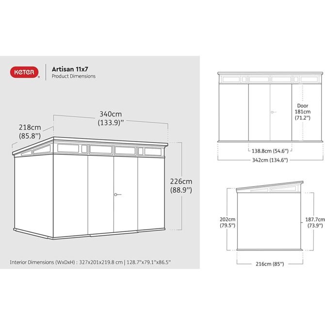 Keter 11x 7 Artisan Heavy Duty Plastic Pent Shed – Grey - Image 10